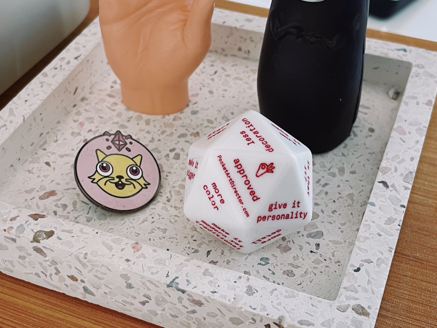 Oversized product decision dice on a tray