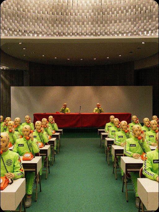 Rows of smiling green figures answering telephones in a conference hall